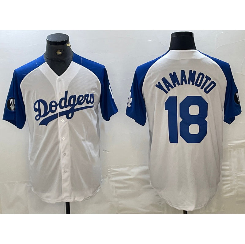 Los Angeles Dodgers #18 Yoshinobu Yamamoto White Blue Jereymy Fashion Stitched Cool Base Limited Jerseys