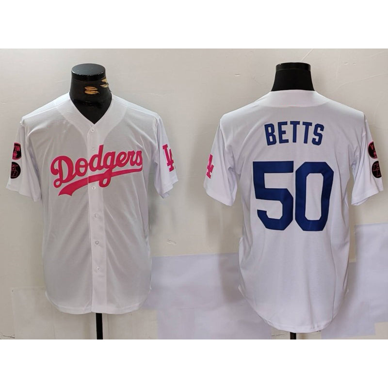 Los Angeles Dodgers #50 Mookie Betts White Pink Jereymy Vin & Kobe Patch Stitched Jersey1