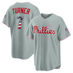 Philadelphia Phillies #7 Trea Turner USA 250 Fourth of July Road Stadium Jersey - Gray Jereymy