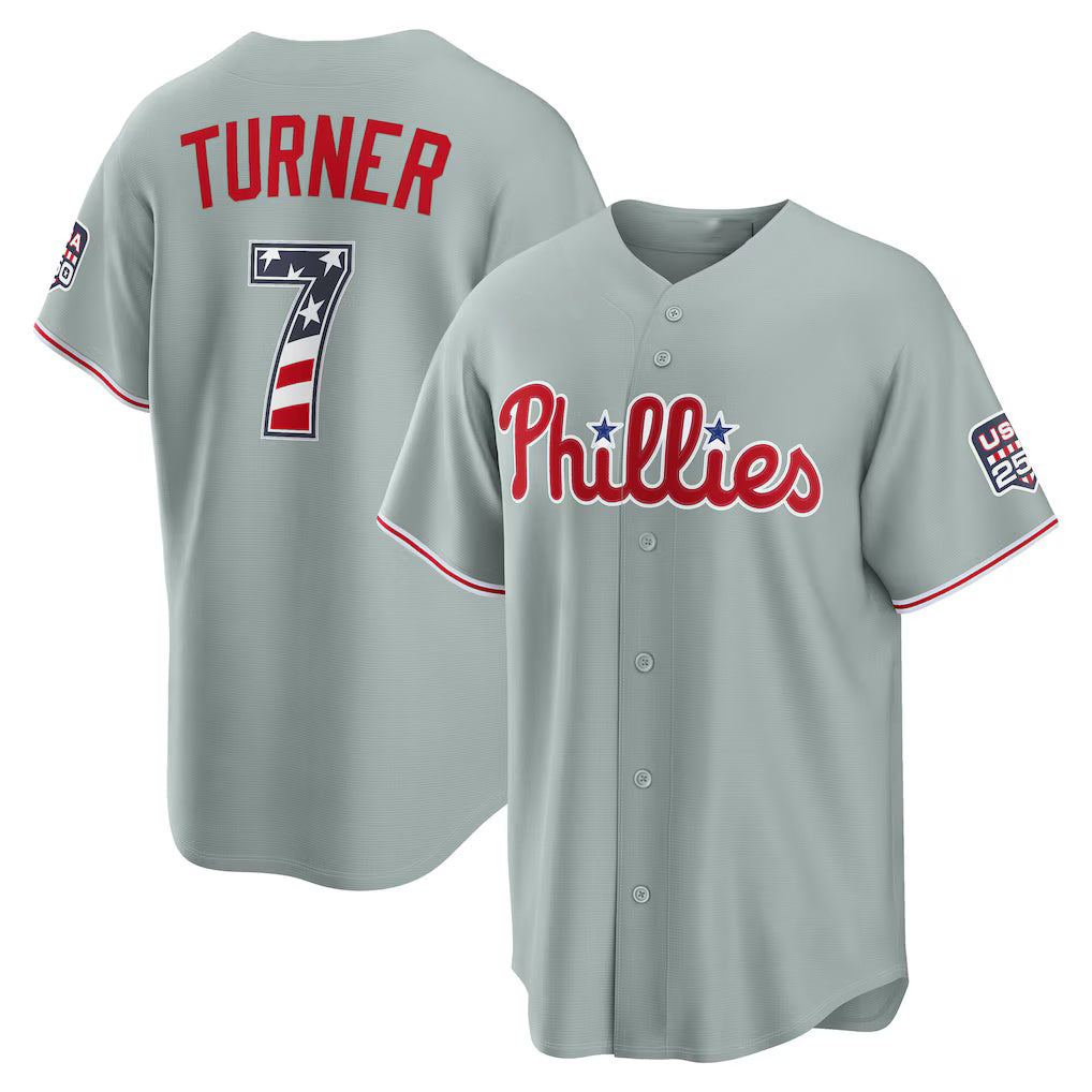 Philadelphia Phillies #7 Trea Turner USA 250 Fourth of July Road Stadium Jersey - Gray Jereymy