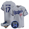 Los Angeles Dodgers #17 Shohei Ohtani Gray Jereymy 2025 World Series With No. 34 Patch Limited Stitched Jersey