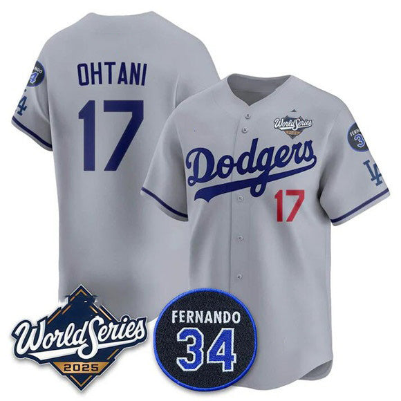 Los Angeles Dodgers #17 Shohei Ohtani Gray Jereymy 2025 World Series With No. 34 Patch Limited Stitched Jersey
