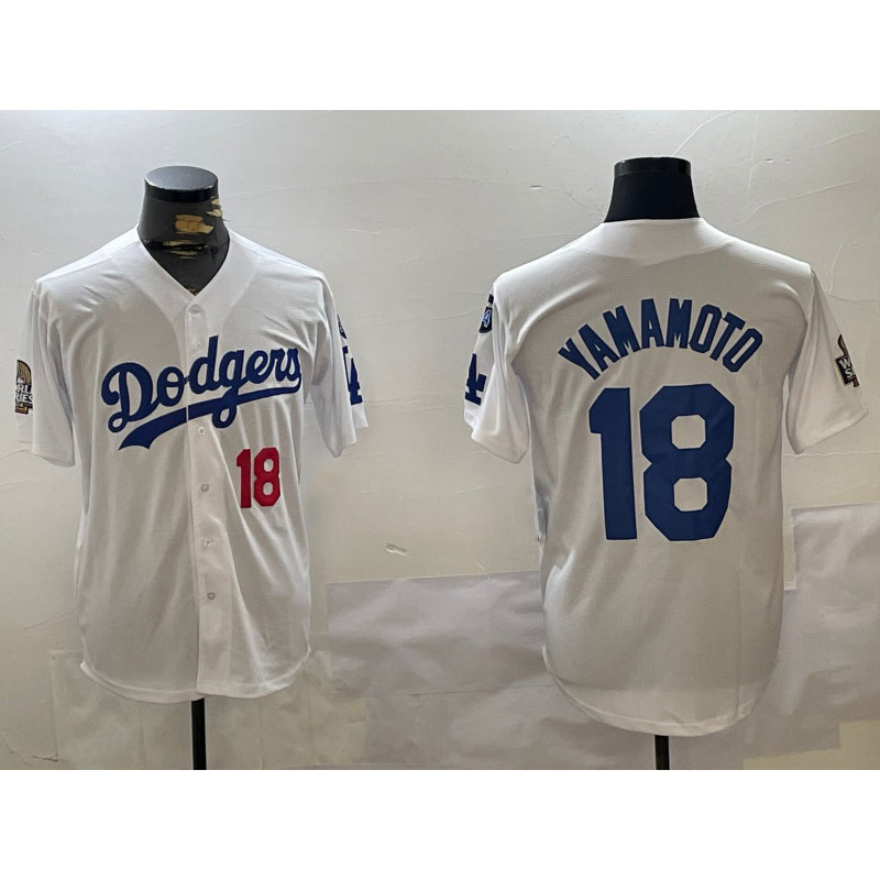 Los Angeles Dodgers #18 Yoshinobu Yamamoto White Jereymy 2024 World Series With Fernando Memorial Patch Home Limited Stitched Jerseys