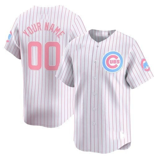 Custom Chicago Cubs Bubblegum Pink Vapor Premier Limited Jersey ¨C White Pinstripe Jereymy