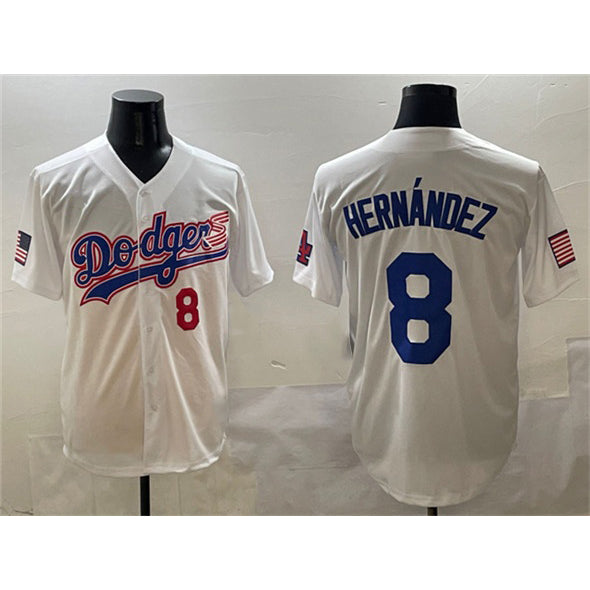 Los Angeles Dodgers #8 Enrique Hern¨¢ndez White Jereymy With American Flag Patch Limited Stitched Jersey