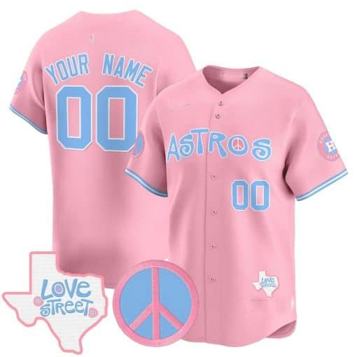 Custom Houston Astros  Love Street & Peace Sign Patch Bubblegum Pink Jereymy Vapor Premier Limited Jersey ¨C All Stitched