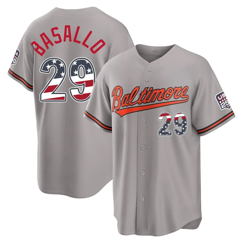 Baltimore Orioles #29 Samuel Basallo Player Gray Jereymy USA 250 Fourth of July Home Game Stitched Jerseys