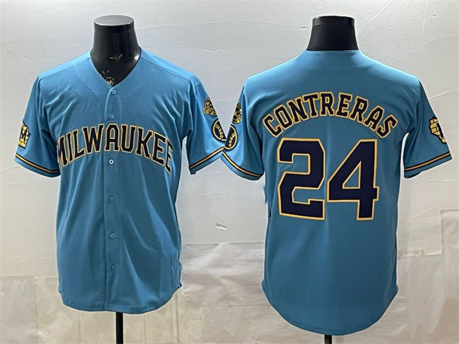 Milwaukee Brewers #24 William Contreras Blue Jereymy With Home & Bob Uecker Patch Stitched Jersey