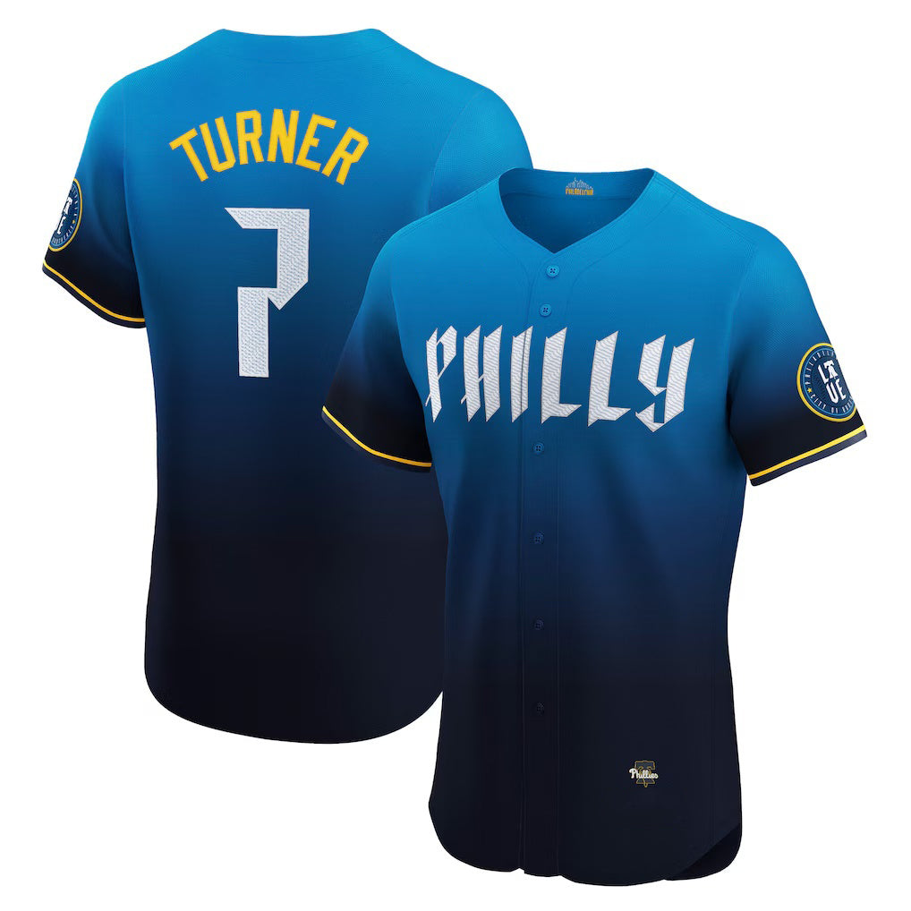 Philadelphia Phillies #7 Trea Turner Navy Jereymy City Connect Elite Jersey