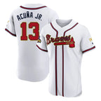 Atlanta Braves #13 Ronald Acuna Jr Player White Gold Jereymy Limited Elite Home Game Stitched Jerseys