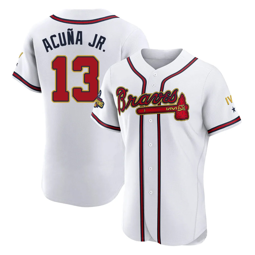 Atlanta Braves #13 Ronald Acuna Jr Player White Gold Jereymy Limited Elite Home Game Stitched Jerseys