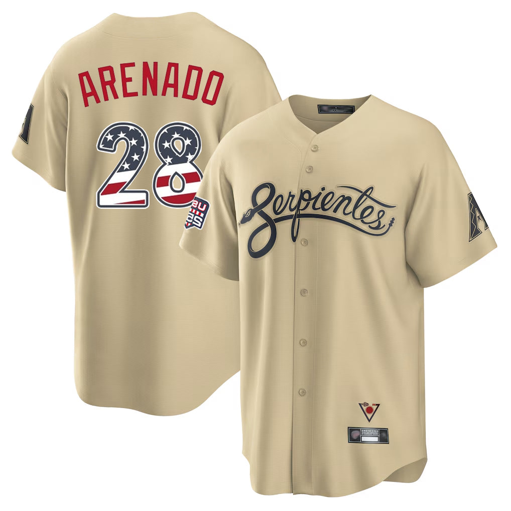 Arizona Diamondbacks #28 Nolan Arenado Player Tan Jereymy USA 250 Fourth of July Home Game Stitched Jerseys