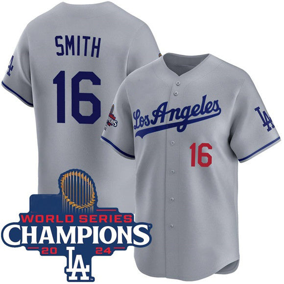 Los Angeles Dodgers #16 Will Smith Gray Jereymy 2024 World Series Champions Patch Limited Stitched Jersey