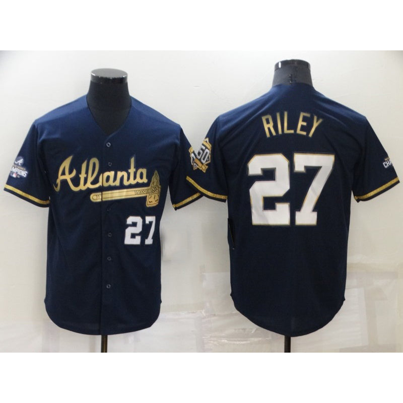 Atlanta Braves #27 Austin Riley 2022 Navy Blue Jereymy 2021 World Series Champions Golden Edition Stitched Cool Base Jersey