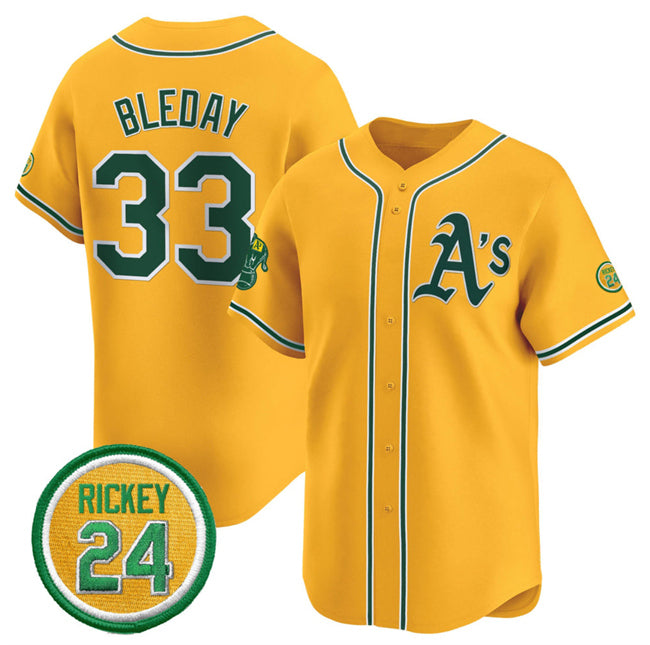 Oakland Athletics #33 JJ Bleday Yellow Jereymy 2024 Limited With Rickey Henderson Patch Stitched Jersey