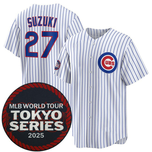 Chicago Cubs #27 Seiya Suzuki White Jereymy 2025 World Tour Tokyo Series Home Stitched Jersey