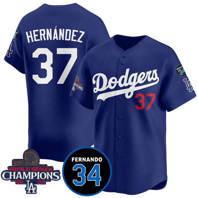 Los Angeles Dodgers #37 Teoscar Hernandez Royal Jereymy 2024 World Series Champions With Fernando Memorial Patch Vapor Premier Limited Stitched Jersey