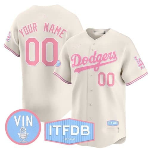 Custom Los Angeles Dodgers Vin ITFDB Patch Bubblegum Pink Vapor Premier Limited Jersey ¨C Cream Jereymy