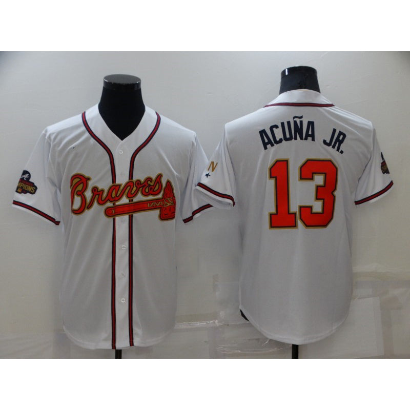 Atlanta Braves #13 Ronald Acuna Jr 2022 White Gold Jereymy World Series Champions Program Cool Base Stitched Jersey