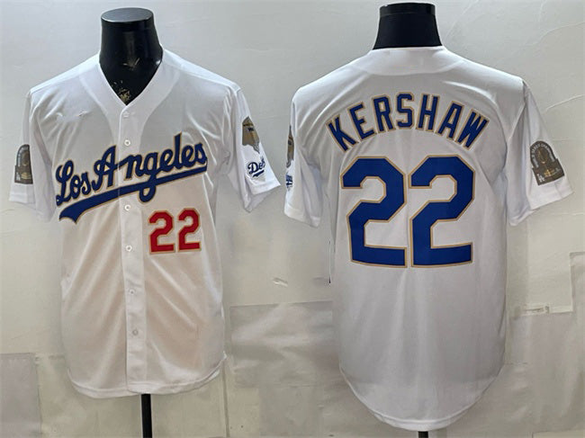 Los Angeles Dodgers #22 Clayton Kershaw White Jereymy 2026 Gold Collection 9x & B2B Champs Patch Stitched Jersey