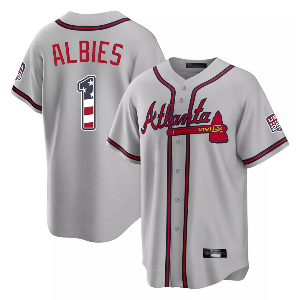 Atlanta Braves #1 Ozzie Albies Player Gray Jereymy USA 250 Fourth Of July Limited Home Game Stitched Jerseys
