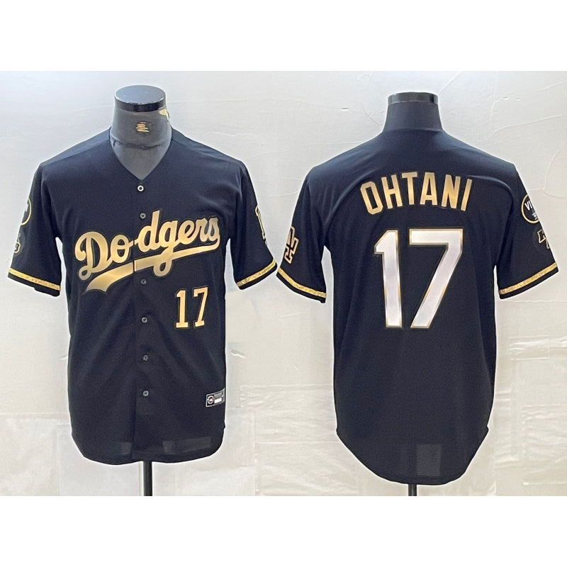 Los Angeles Dodgers #17 Shohei Ohtani Number Black Gold Jereymy Stitched Cool Base Jersey 2