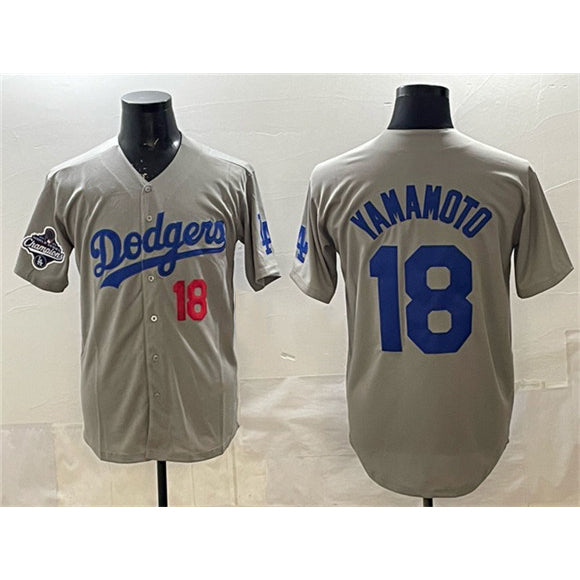 Los Angeles Dodgers #18 Yoshinobu Yamamoto Gray Jereymy 2025 World Series Champions Patch Stitched Jersey