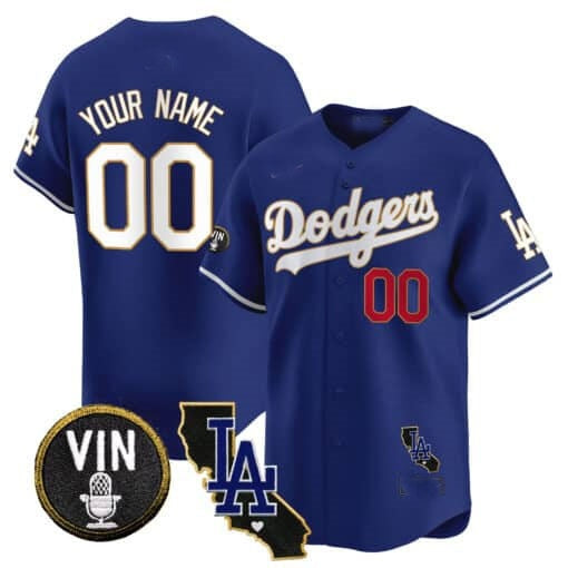 Custom Los Angeles Dodgers Vin & California Patch Gold Trim Vapor Premier Limited Jersey ¨C Royal Jereymy