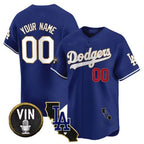 Custom Los Angeles Dodgers Vin & California Patch Gold Trim Vapor Premier Limited Jersey ¨C Royal Jereymy