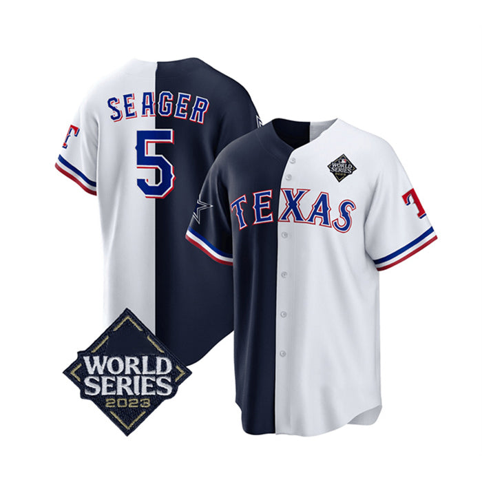 Texas Rangers & Cowboys #5 Corey Seager Navy Jereymy White 2023 World Series Splite Stitched Jersey