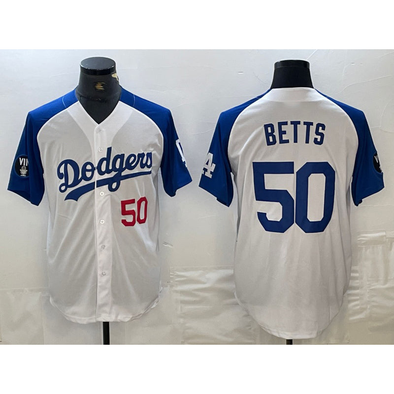Los Angeles Dodgers #50 Mookie Betts Number White Blue Jereymy Fashion Stitched Cool Base Limited Jerseys