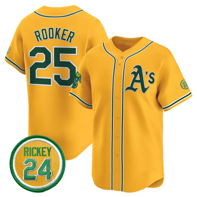 Oakland Athletics #25 Brent Rooker Yellow Jereymy 2024 Limited With Rickey Henderson Patch Stitched Jersey