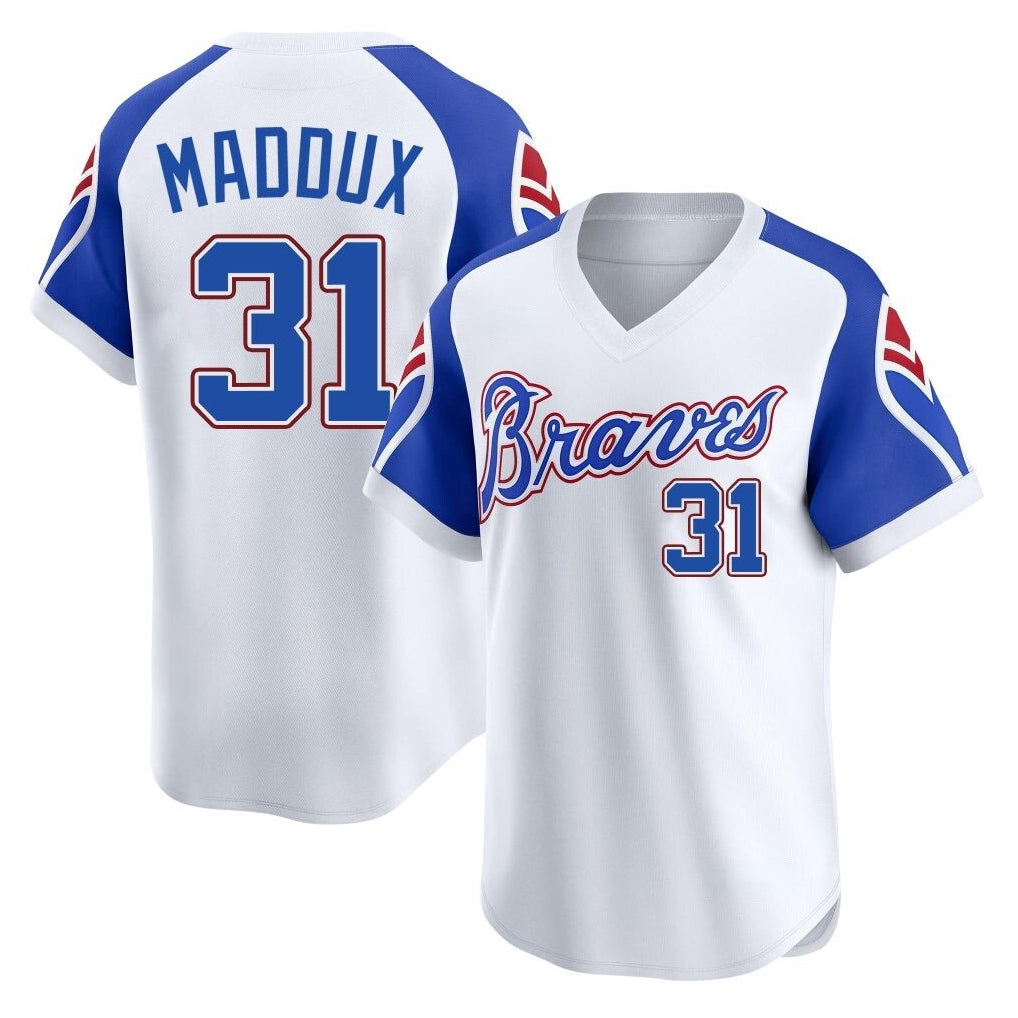 Atlanta Braves #31 Greg Maddux Player White Jereymy Throwback Cooperstown Collection T-shirt Game Stitched Jerseys