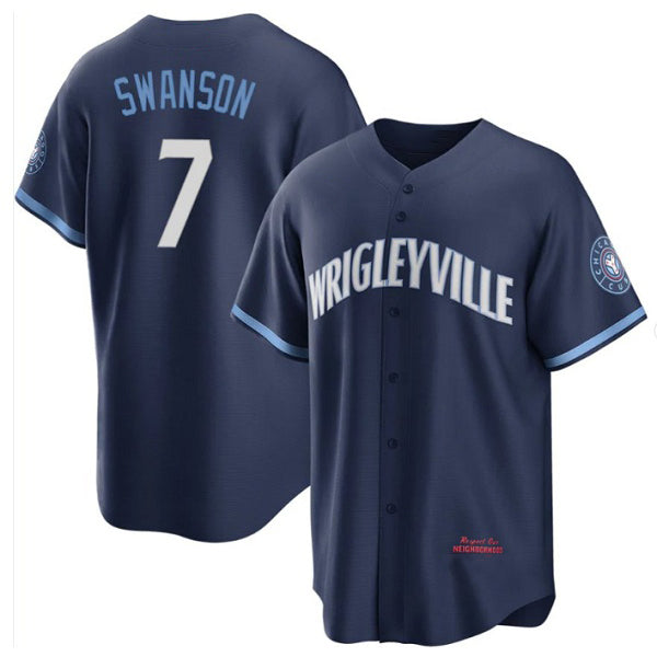 Chicago Cubs #7 Dansby Swanson Navy Jereymy City Connect Cool Base Stitched Jersey