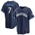 Chicago Cubs #7 Dansby Swanson Navy Jereymy City Connect Cool Base Stitched Jersey