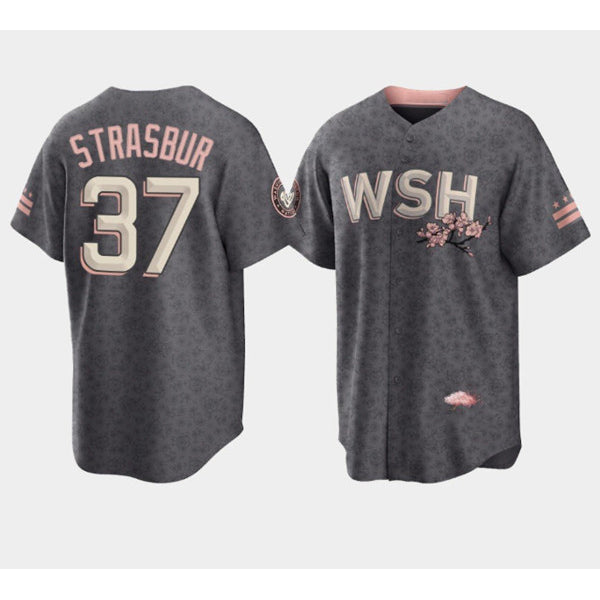Washington Nationals #37 Stephen Strasburg 2022 Grey Jereymy City Connect Cherry Blossom Cool Base Stitched Jersey