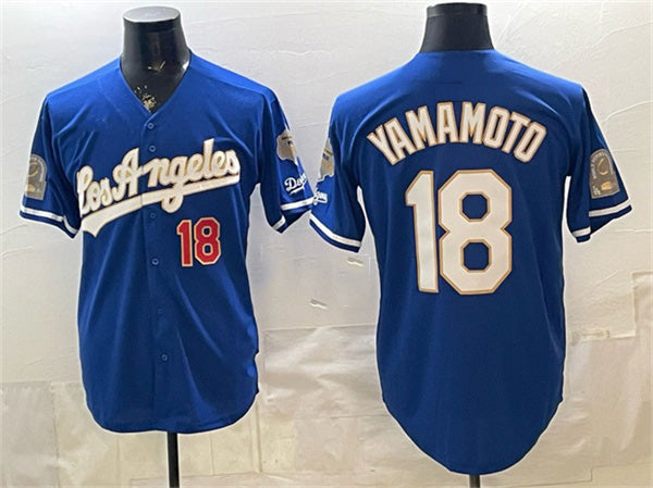 Los Angeles Dodgers #18 Yoshinobu Yamamoto Royal Jereymy 2026 Gold Collection 9x & B2B Champs Patch Stitched Jersey