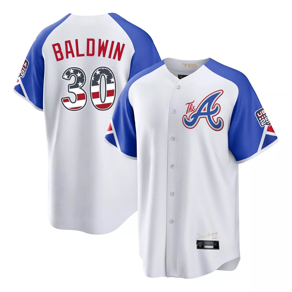Atlanta Braves #30 Drake Baldwin Player White Jereymy USA 250 Fourth Of July City Connect Home Game Stitched Jerseys