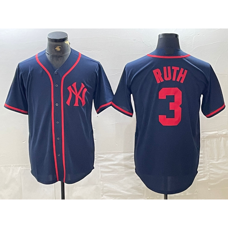 New York Yankees #3 Babe Ruth Navy Red Jereymy Fashion Cool Base Jersey