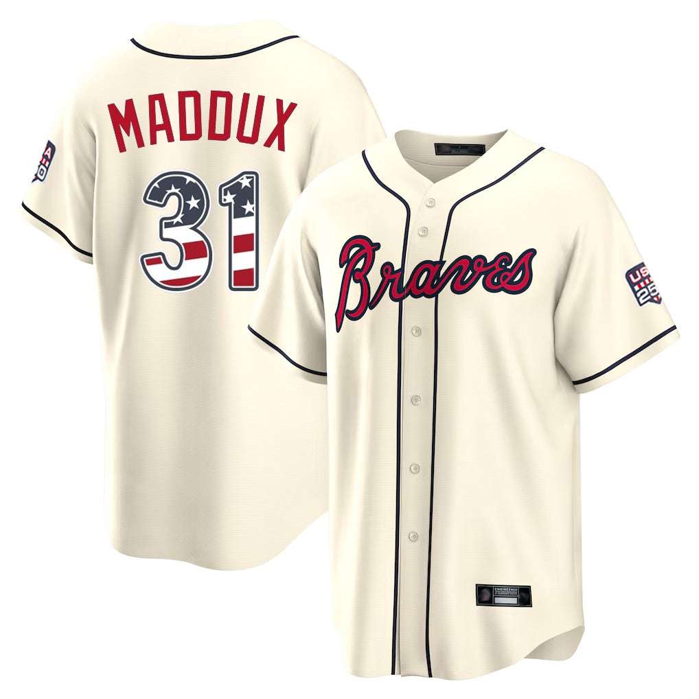 Atlanta Braves #31 Greg Maddux Player Cream Jereymy USA 250 Fourth Of July Limited Home Game Stitched Jerseys