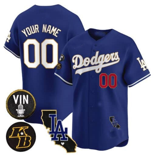 Custom Los Angeles Dodgers Vin Patch & Kobe Bryant Gold Trim Vapor Premier Limited Jersey V2 ¨C Royal Jereymy
