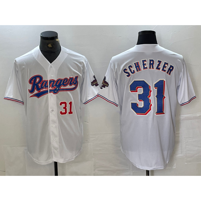 Texas Rangers #31 Max Scherzer Number White Jereymy 2023 World Series Champions Cool Base Jersey 2