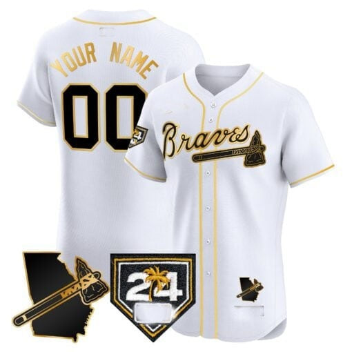 Custom Atlanta Braves 2024 Spring Training & Georgia Patch Vapor Premier Elite Jersey ¨CWhite Gold Jereymy