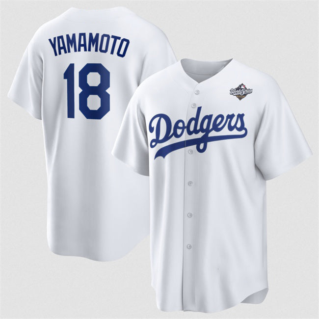 Los Angeles Dodgers #18 Yoshinobu Yamamoto White Jereymy 2025 World Series Home Cool Base Stitched Jersey