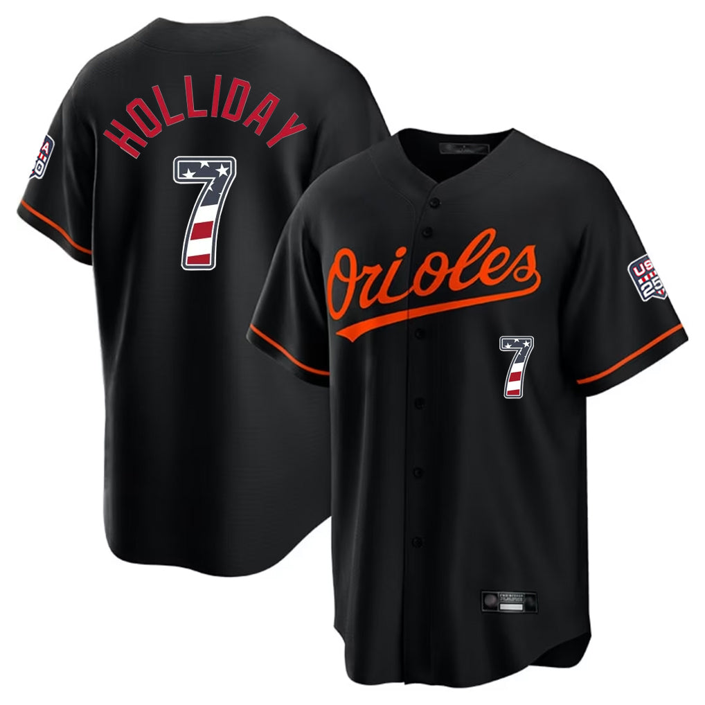 Baltimore Orioles #7 Jackson Holliday Player Black Jereymy USA 250 Fourth of July Home Game Stitched Jerseys