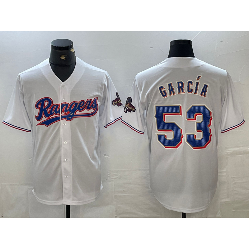 Texas Rangers #53 Adolis Garcia White Jereymy 2023 World Series Champions Cool Base Jersey