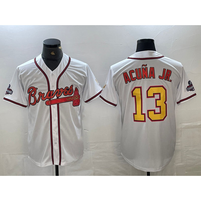Atlanta Braves #13 Ronald Acuna Jr White Gold Jereymy 2021 World Series Champions Stitched Cool Base Jersey
