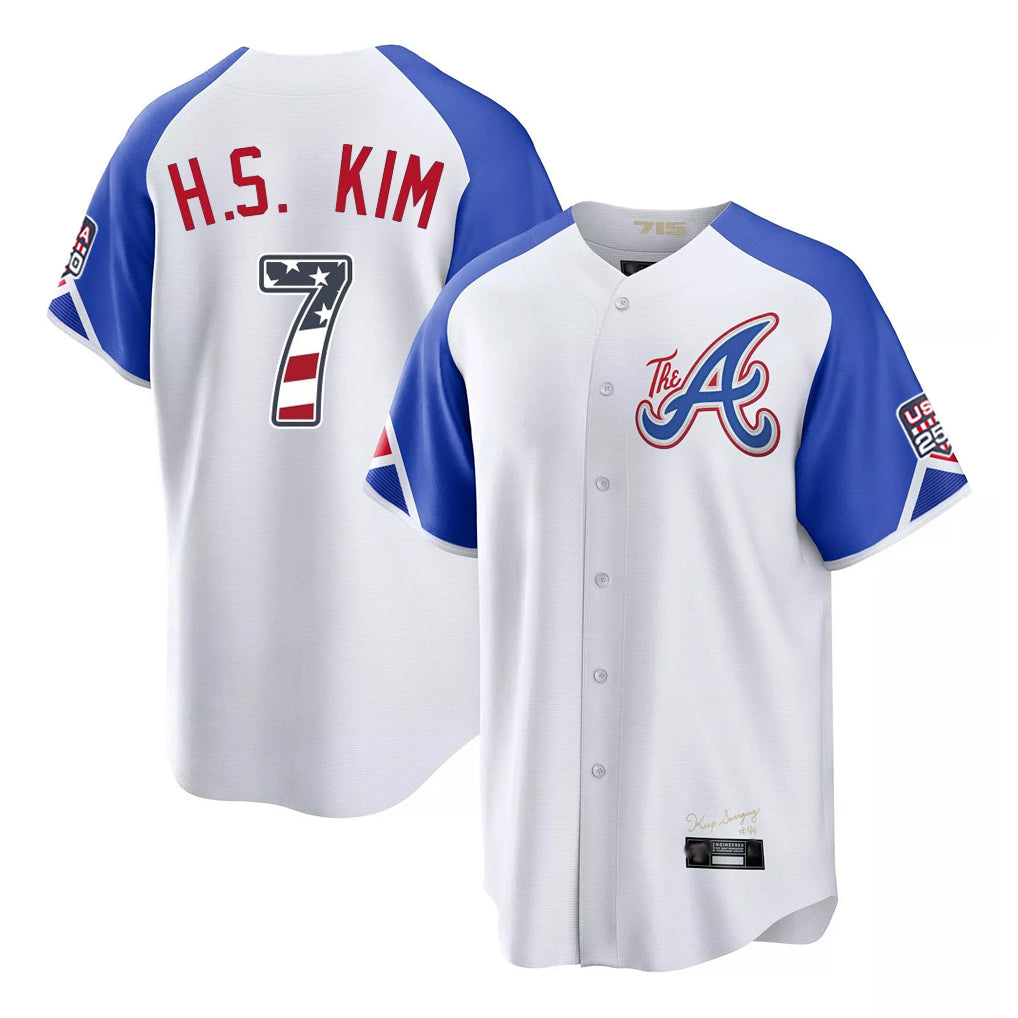 Atlanta Braves #7 Ha-Seong Kim Player White Jereymy USA 250 Fourth Of July City Connect Home Game Stitched Jerseys