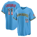 Milwaukee Brewers #11 Jackson Chourio USA 250 Fourth of July Road Stadium Jersey - Light Blue Jereymy
