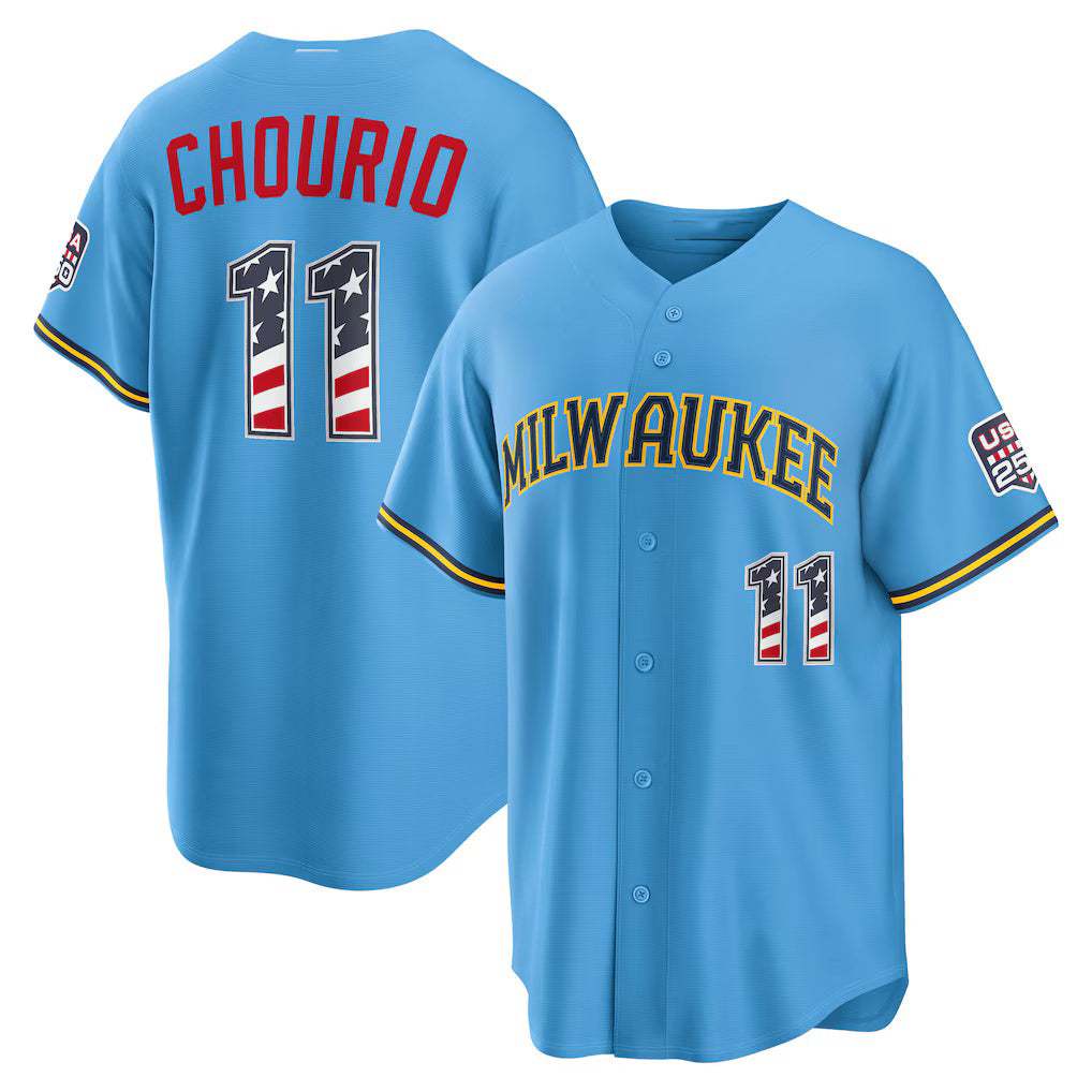 Milwaukee Brewers #11 Jackson Chourio USA 250 Fourth of July Road Stadium Jersey - Light Blue Jereymy